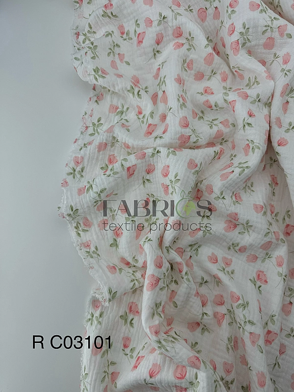 M 03101 C02 | RAINBOW-C03 Муслін жатка 2-х шаровий принт квіти дзвіночки рожеві на молочному 100% ба