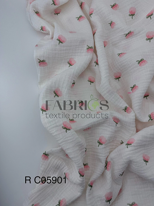 M 05901 C02 | RAINBOW-C05 Муслін жатка 2-х шаровий принт квіти рожеві бутони на молочному 100% бавов