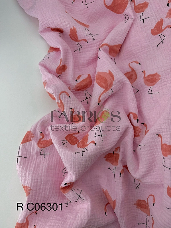 C06301 | RAINBOW-C06301 | Муслін жатка 2-х шаровий принт звірята фламінго на світло-рожевому 100% ба