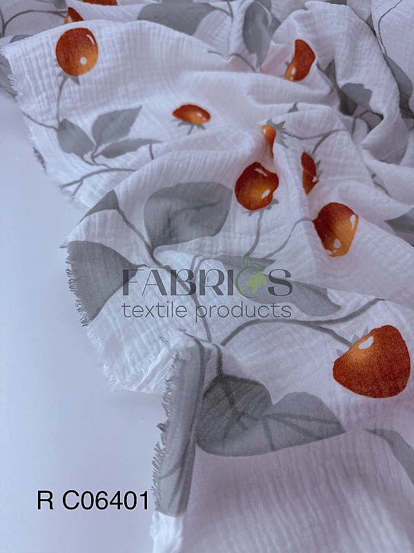 M 06401 C02 | RAINBOW-C06 Муслін жатка 2-х шаровий принт фрукти,ягоди, овочі листочки з ягодами на м