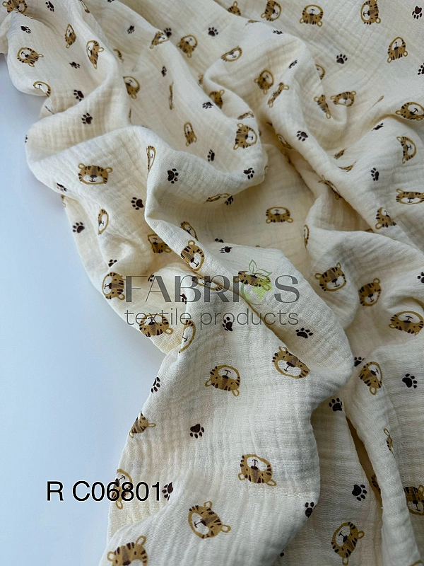 M 06801 C03 | RAINBOW-C06 Муслін жатка 2-х шаровий принт звірята тигрята на айворі 100% бавовна 135-