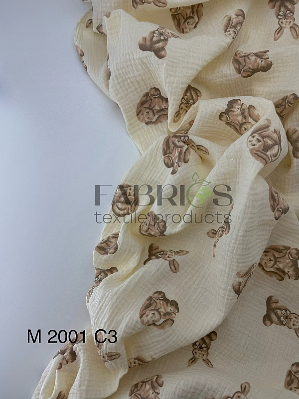 M 2001 C3 Муслін 2-х шаровий принт звірята зайчата бежеві на айворі 100% бавовна 135-140 см 125-135