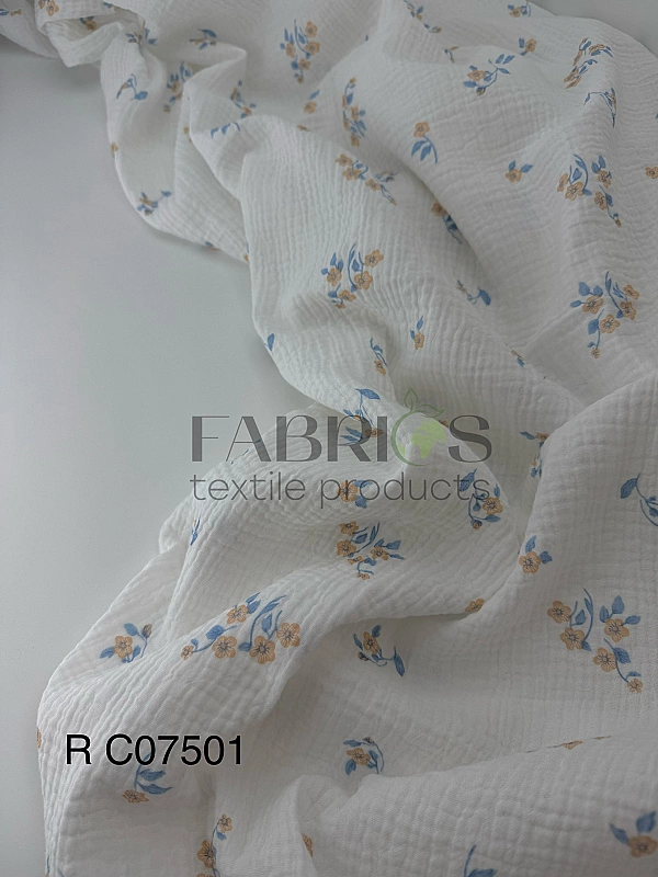 RAINBOW-C07501 Муслін 2-х шаровий принт квіти з блакитними листочками на молочному 100% бавовна 135-