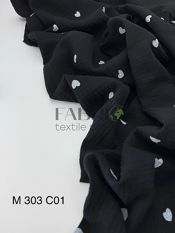 M 303 C01 Муслін 2-х шаровий принт LOVE сердечки середні білі на чорному 100% бавовна 135-140 см 125