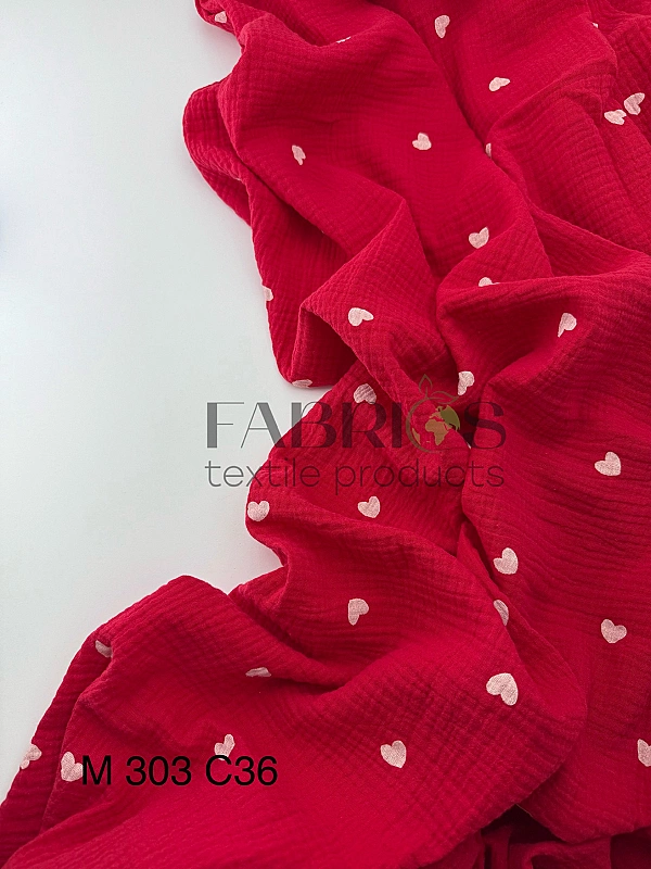 M 303 C36 Муслін 2-х шаровий принт LOVE сердечки середні білі на червоному 100% бавовна 135-140 см 1