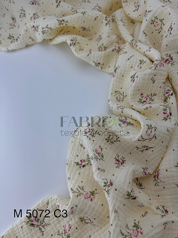M 5072 C3 Муслін 2-х шаровий принт квіти рожеві дрібні з крапочками на айворі 100% бавовна 160 см 12