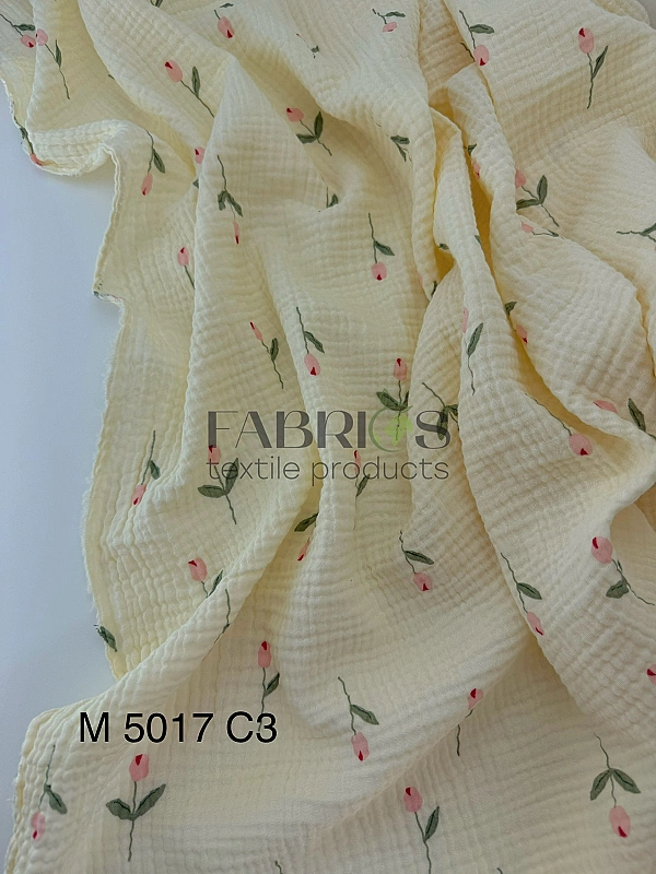 M5017C3 Муслін 2-х шаровий принт квіти рожеві тюльпани з листочками на айворі 100% бавовна 160 см 12