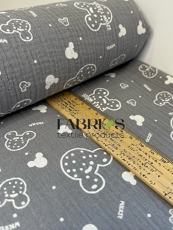M-11/D-29-50 Муслін жатка 2-х шаровий принт звірята Міккі Мауси на сірому 100% бавовна 135-140 см 12