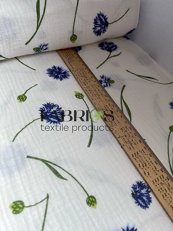 M 5030 C2 Муслін жатка 2-х шаровий принт квіти волошки на молочному 100% бавовна 135-140 см 125-135