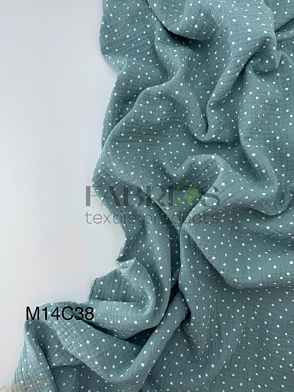 M-14/D-34-38 Муслін жатка 2-х шаровий принт геометричний горошки білі дрібні хаотичні на шавлієвому