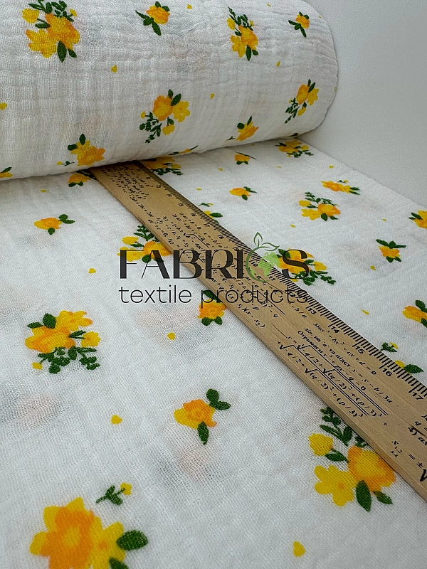 M 5032 C2 Муслін жатка 2-х шаровий принт квіти прованс жовті на молочному 100% бавовна 135-140 см 12