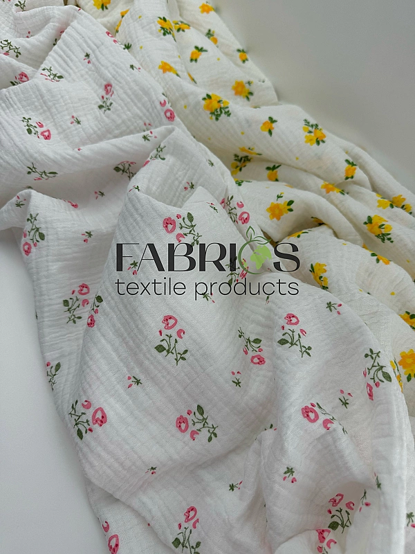 M 5003 C2 Муслін жатка 2-х шаровий принт квіти прованс рожеві на молочному 100% бавовна 135-140 см 1
