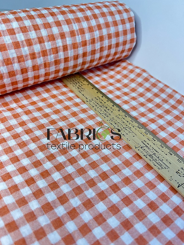 MINT-1 Муслін жатка 2-х шаровий принт геометричний клітинка бежева на молочному 100% бавовна 135-140
