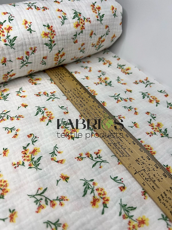 MINT-6 Муслін жатка 2-х шаровий принт квіти помаранчеві на молочному 100% бавовна 135-140 см 125-135