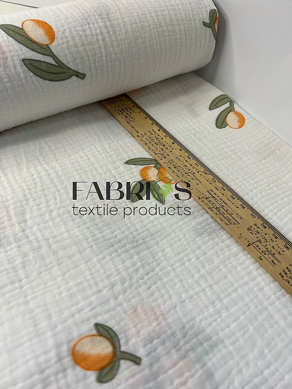 MINT-8 Муслін жатка 2-х шаровий принт рослинний гілочки мандарина на молочному 100% бавовна 135-140