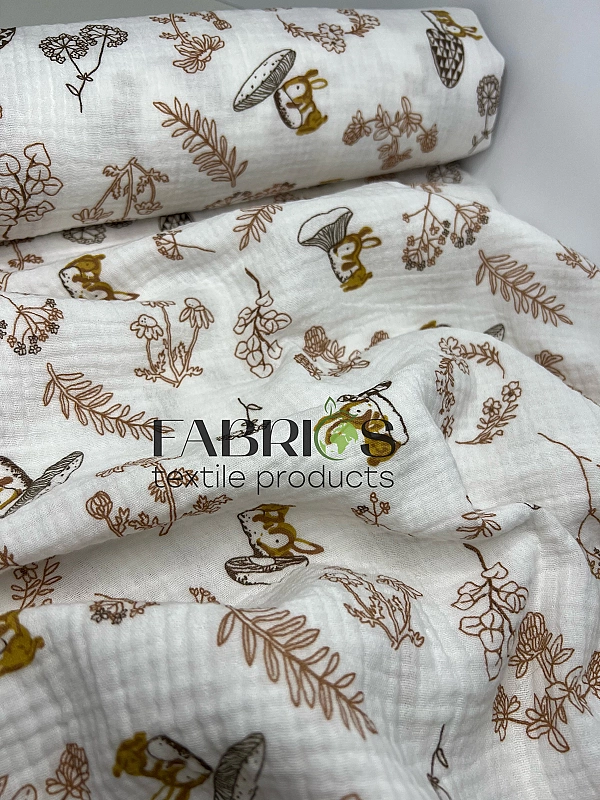 MINT-14 Муслін жатка 2-х шаровий принт звірята зайчата, грибочки, гілочки на молочному 100% бавовна