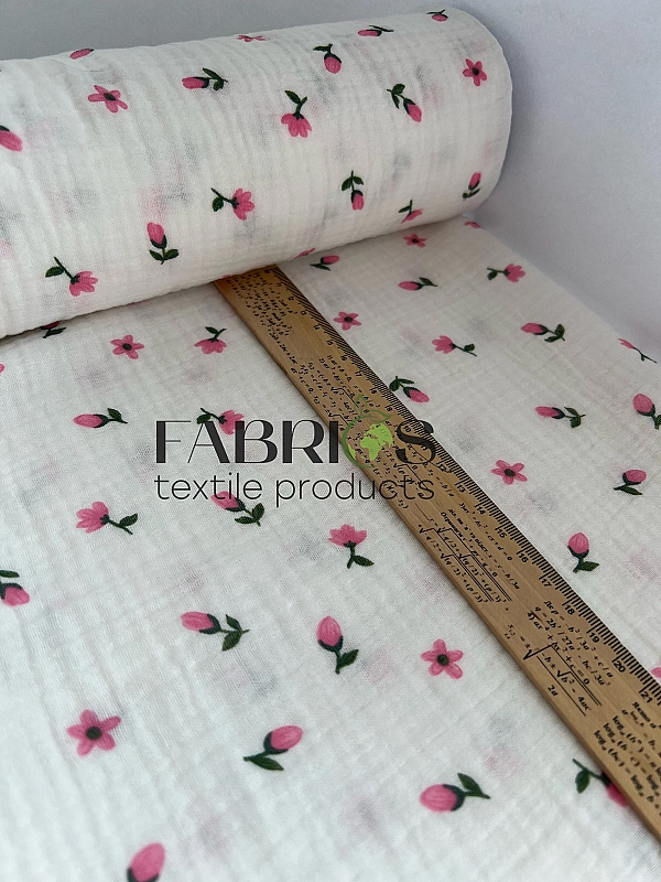 M 5021 C2 Муслін жатка 2-х шаровий принт квіти тюльпани рожеві на молочному 100% бавовна 135-140 см