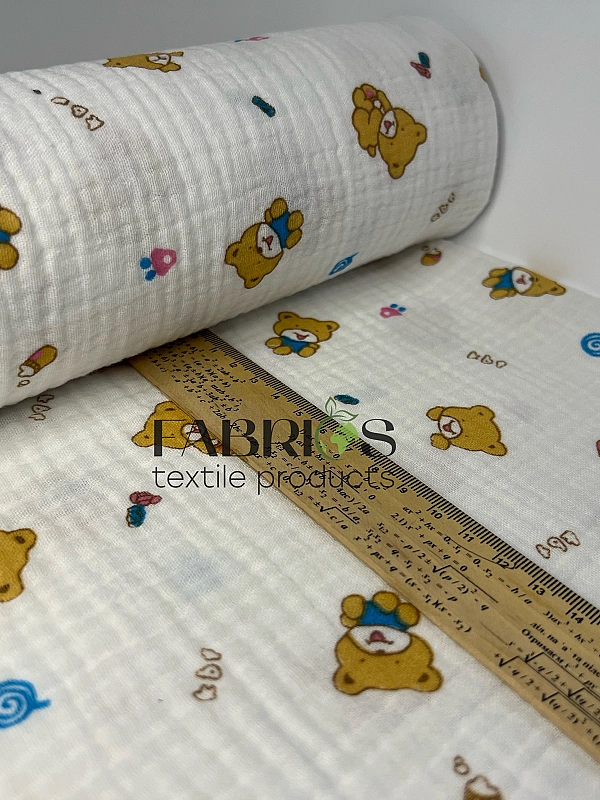 MINT-17 Муслін жатка 2-х шаровий принт звірята ведмедики в синьому на молочному 100% бавовна 135-140