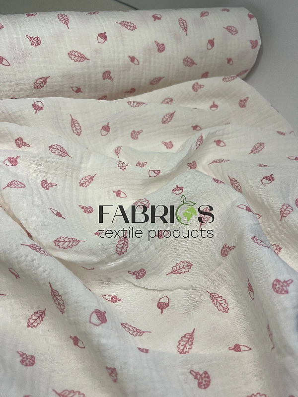 MINT-23 Муслін жатка 2-х шаровий принт рослинний жолуді на молочному 100% бавовна 135-140 см 125-135