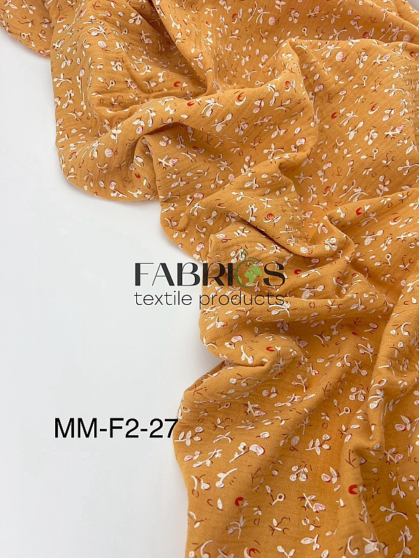 MM-F2-27 Муслін жатка 2-х шаровий принт квіти троянди на гірчичному 100% бавовна 135-140 см 125-135