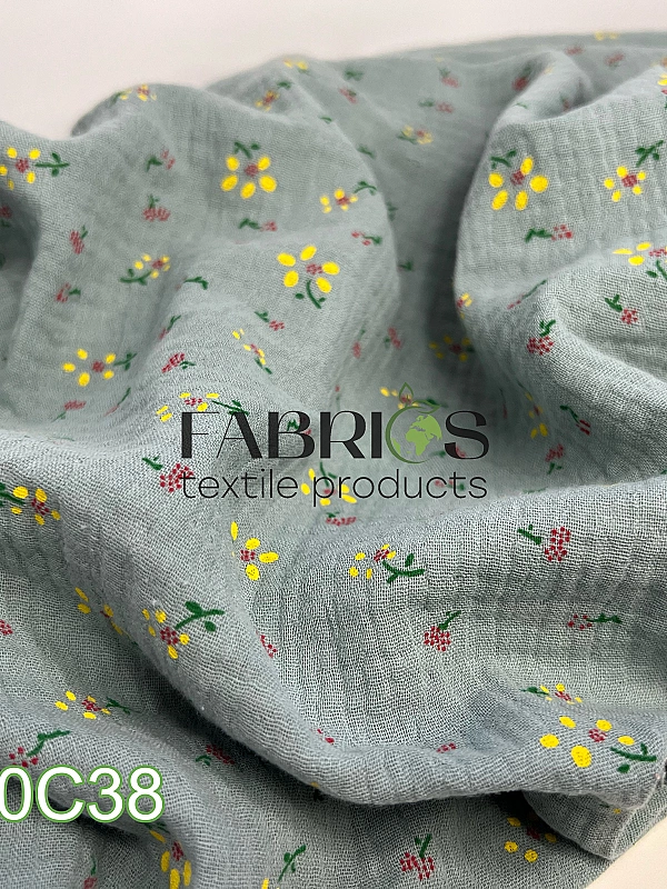 2023030C38 Муслін жатка 2-х шаровий принт квіти ромашки жовті на шавлії 100% бавовна 135-140 см 125-