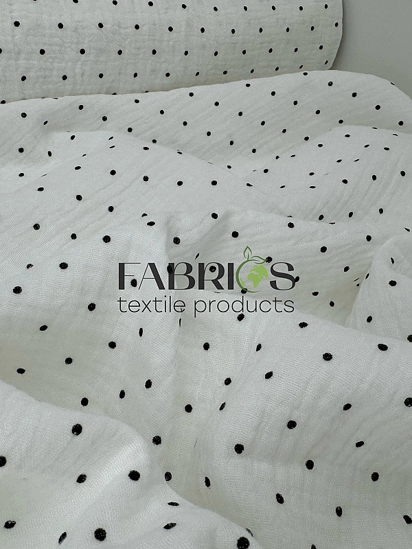 MM R3-C2 Муслін жатка 2-х шаровий принт геометричний горошки чорні дрібні на молочному 100% бавовна