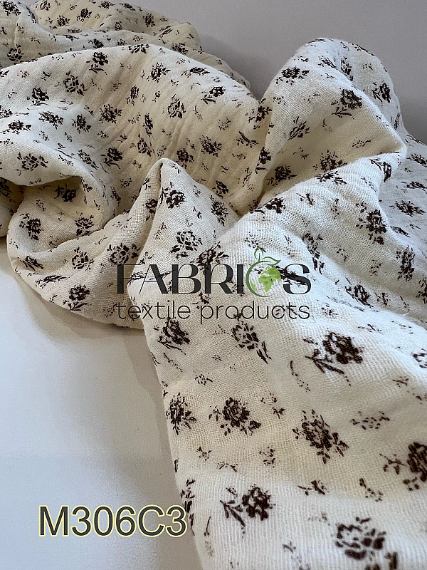 M306C3 Муслін жатка 2-х шаровий принт квіти коричневі дрібні на айворі 100% бавовна 135-140 см 125-1