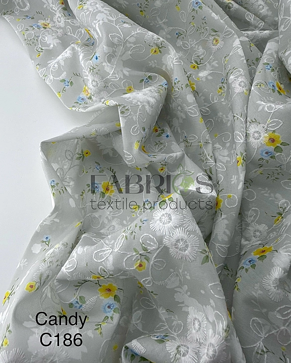 CANDY-C186 батист принт квіти Вишивка жовті і блакитні на сірому 100% бавовна 135см 90-100 грам/м.кв