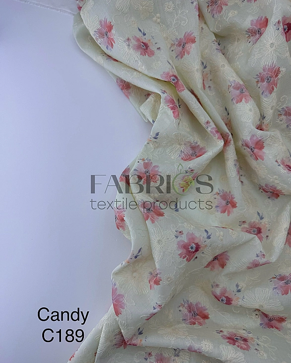 CANDY-C189 батист принт квіти вишивка акварельні рожеві на лимонному 100% бавовна 135см 90-100 грам/