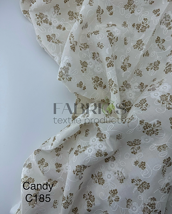 CANDY-C185 батист принт квіти Вишивка бежеві на айворі 100% бавовна 135см 90-100 грам/м.кв.