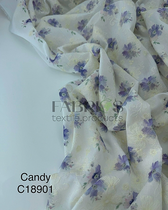 CANDY-C18901 батист принт квіти вишивка акварельні фіолетові на молочному 100% бавовна 135см 90-100