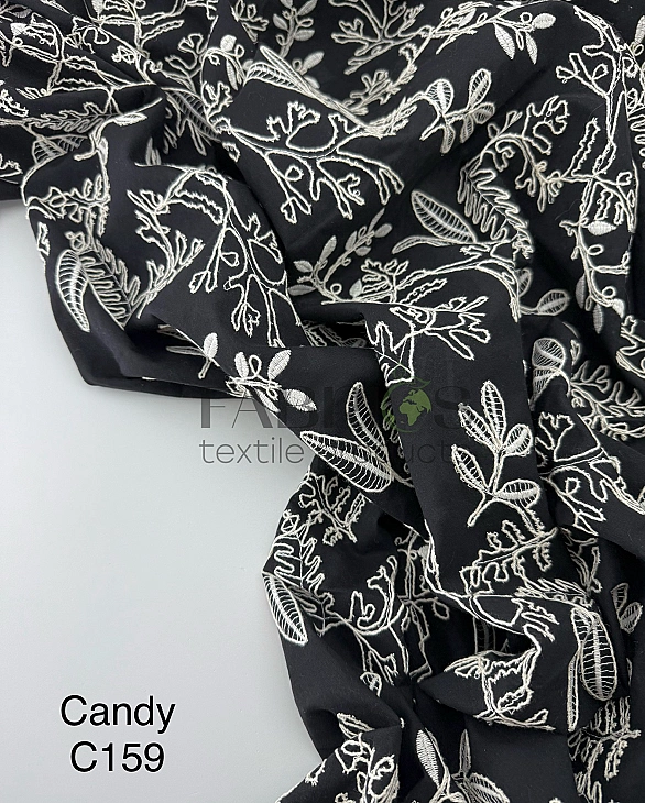 CANDY-C159 батист принт квіти вишивка гілочки, листочки на чорному 100% бавовна 135см 90-100 грам/м.