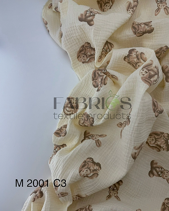 M 2001 C3 Муслін 2-х шаровий принт звірята зайчата бежеві на айворі 100% бавовна 135-140 см 125-135