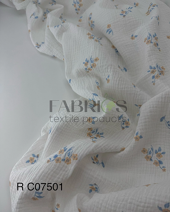 RAINBOW-C07501 Муслін 2-х шаровий принт квіти з блакитними листочками на молочному 100% бавовна 135-