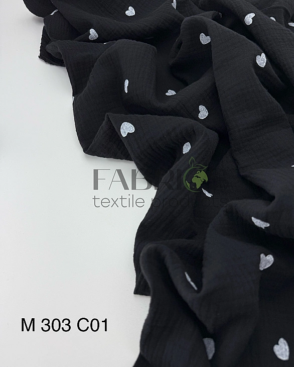 M 303 C01 Муслін 2-х шаровий принт LOVE сердечки середні білі на чорному 100% бавовна 135-140 см 125