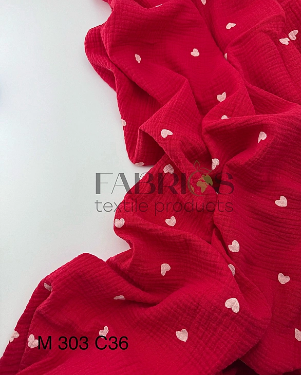 M 303 C36 Муслін 2-х шаровий принт LOVE сердечки середні білі на червоному 100% бавовна 135-140 см 1