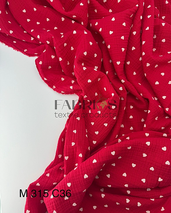 M 315 C36 Муслін 2-х шаровий принт LOVE сердечки дрібні білі на червоному 100% бавовна 135-140 см 12