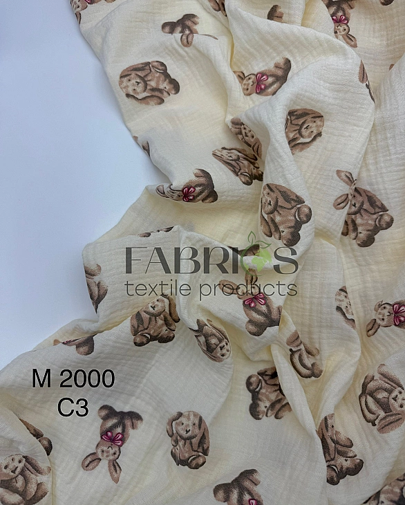 M 2000 C3 Муслін жатка 2-х шаровий принт звірята зайчата бежеві з рожевим бантиком 100% бавовна 135-