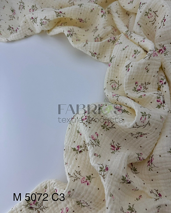 M 5072 C3 Муслін 2-х шаровий принт квіти рожеві дрібні з крапочками на айворі 100% бавовна 160 см 12