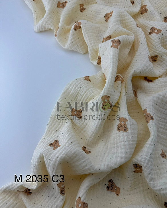 M 2035 C2 Муслін 2-х шаровий принт звірята ведмедик бежевий дрібний з цятками на айворі 100% бавовна