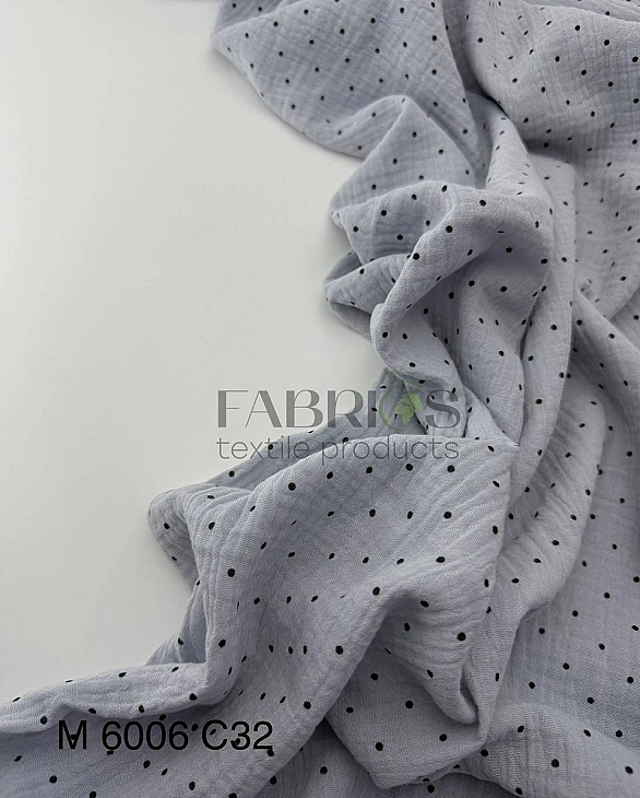 M 6006 C32 Муслін 2-х шаровий принт геометричний горохи на світло-сірому 100% бавовна 160 см 125-135