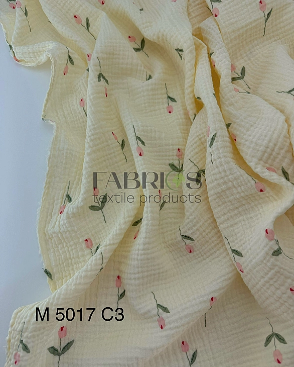 M5017C3 Муслін 2-х шаровий принт квіти рожеві тюльпани з листочками на айворі 100% бавовна 160 см 12