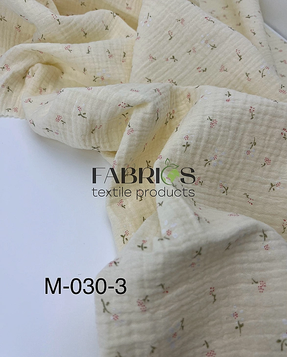 M030-3 Муслін жатка 2-х шаровий принт квіти ромашки білі на айворі 100% бавовна 135-140 см 125-135 г