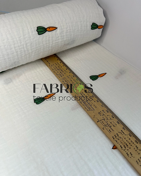 M 4000 C2 Муслін жатка 2-х шаровий принт фрукти,ягоди, овочі моркви на молочному 100% бавовна 135-14