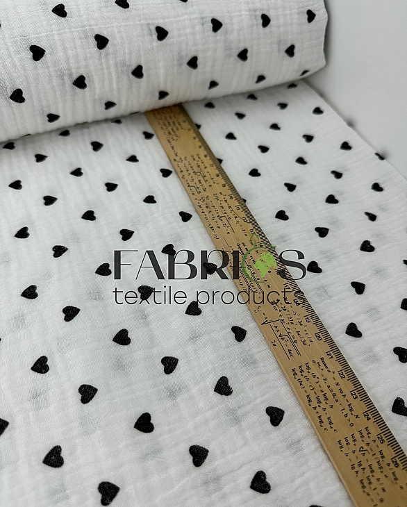 M-2/D-2-2 Муслін жатка 2-х шаровий принт LOVE сердечки чорні дрібні на молочному 100% бавовна 135-14