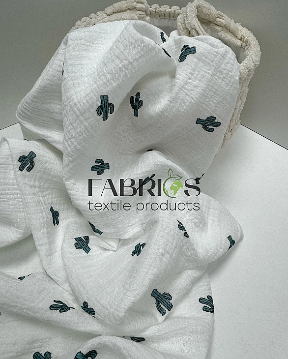 M-3/D-9-2 Муслін жатка 2-х шаровий принт рослинний кактуси на молочному 100% бавовна 135-140 см 125-