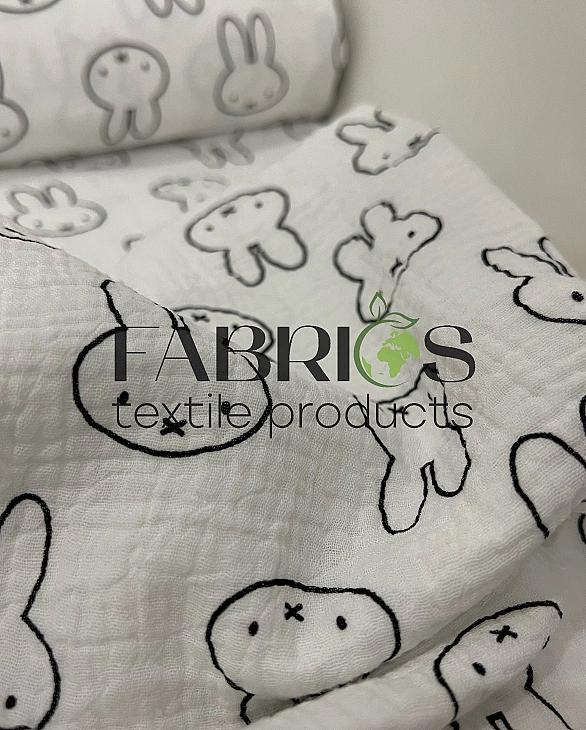 M-4/D-14-2 Муслін жатка 2-х шаровий принт звірята зайчата намальовані на молочному 100% бавовна 135-