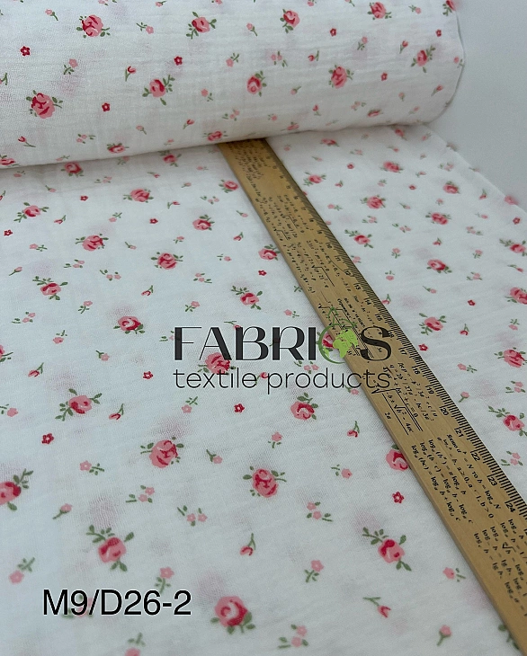 M 5029 C2 Муслін жатка 2-х шаровий принт квіти троянди червоні дрібні на молочному 100% бавовна 135-