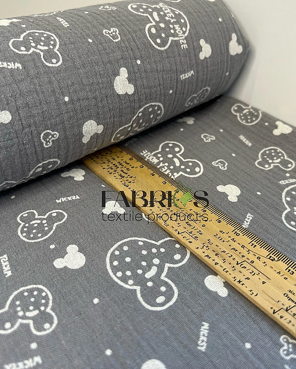 M-11/D-29-50 Муслін жатка 2-х шаровий принт звірята Міккі Мауси на сірому 100% бавовна 135-140 см 12
