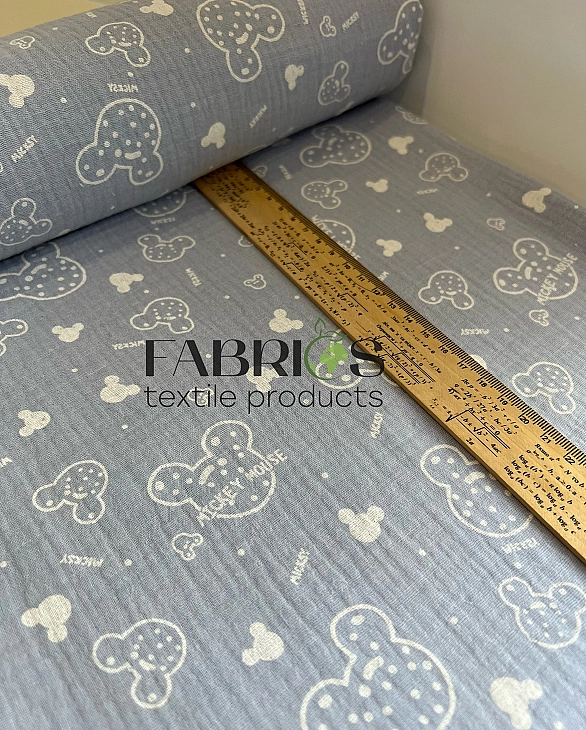 M-11/D-29-14 Муслін жатка 2-х шаровий принт звірята Міккі Мауси на блакитному 100% бавовна 135-140 с